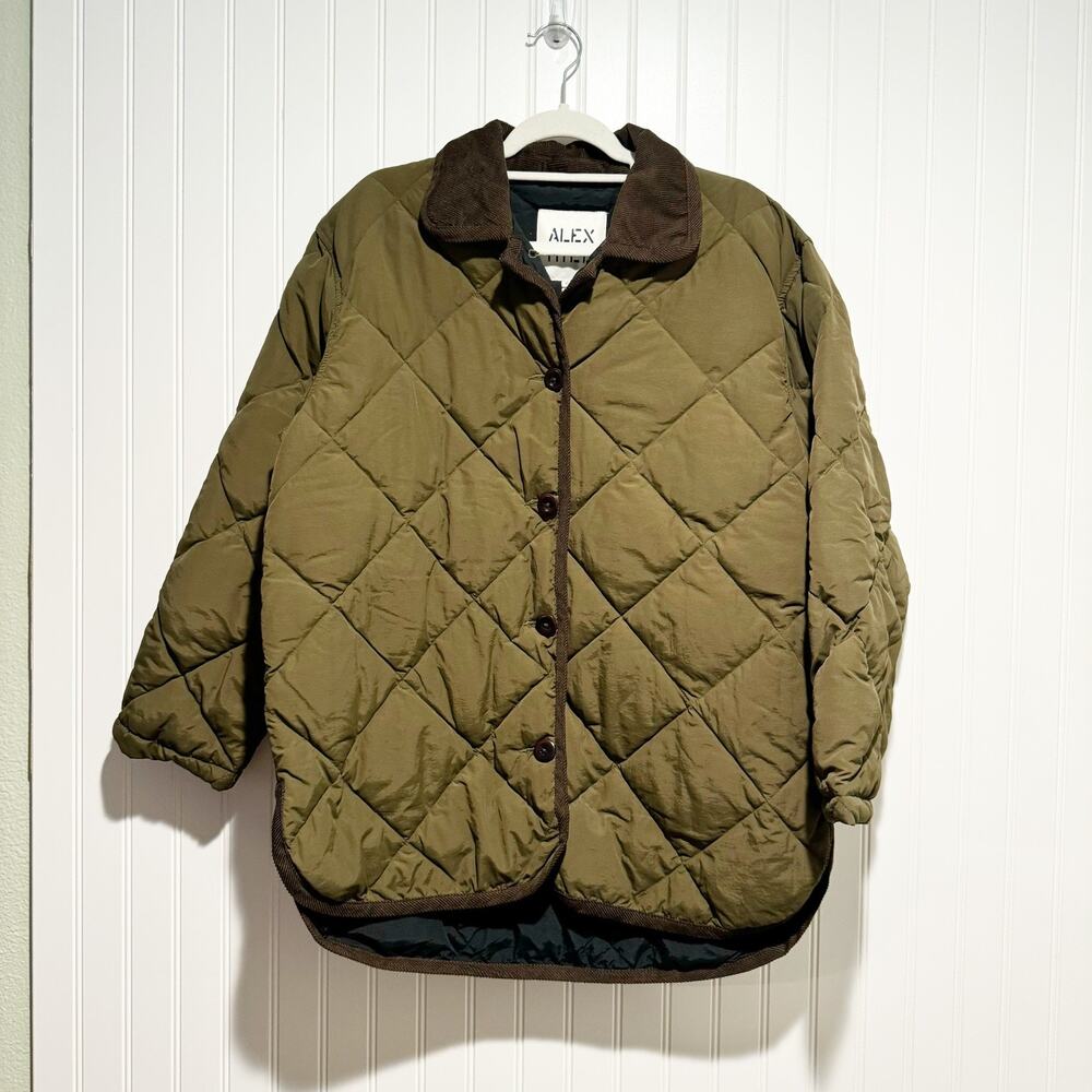 Alex Mill Quinn Quilted Nylon Jacket Olive Green Size Medium Corduroy Collar - Picture 2 of 9